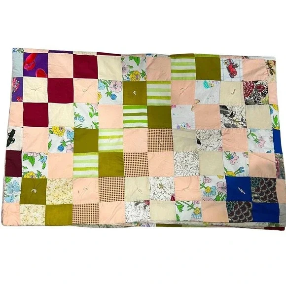 Handmade Patchwork Quilt Reversible Floral Backing Cottagecore Farmhouse Decor - Picture 6 of 9